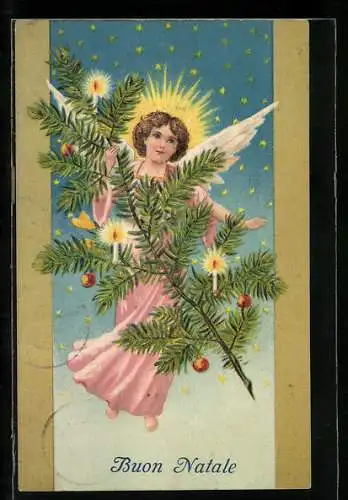 Präge-AK Weihnachtsengel trägt einen geschmückten Tannenbaum
