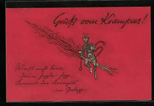 AK Krampus mit Rute und Ketten