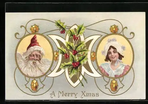 Präge-AK Weihnachtsmann und eine junge Frau mit Stachelpalmen zu Weihnachten