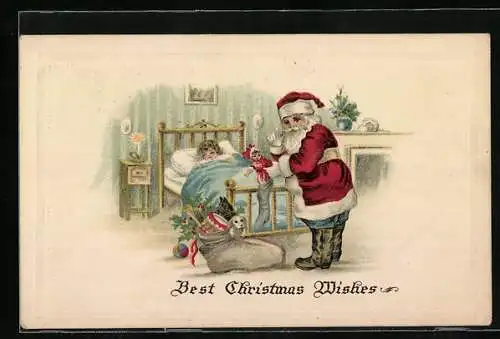 AK Weihnachtsmann befüllt den Strumpf mit Geschenken