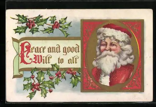 Präge-AK Weihnachtsmann mit roter Mütze im goldenen Rahmen mit Stachelpalmen