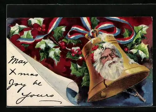 Präge-AK Bild vom Weihnachtsmann auf einer goldenen Glocke