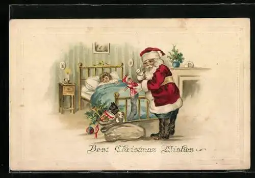 AK Weihnachtsmann befüllt den Strumpf mit Geschenken