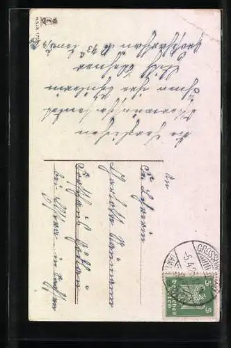 AK Osterhase hat Eier versteckt, Jüngling findet sie erfreut