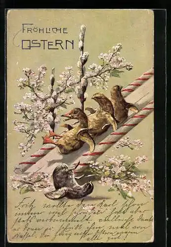AK Osterküken gleiten fröhlich eine Rutsche hinab