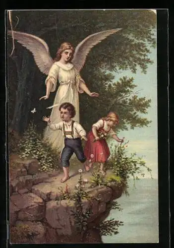 AK Der heilige Schutzengel mit zwei Kindern am Abhang