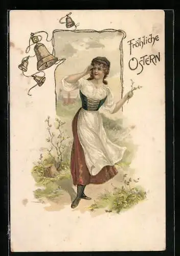 AK junge Frau mit läutenden Glocken, Fröhliche Ostern