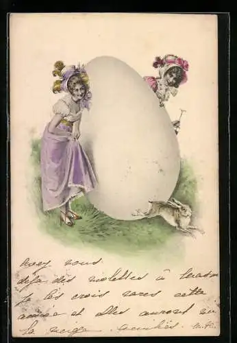 Künstler-AK M. Munk: Fröhliche Ostern!, Fräuleins mit Hase und Ei