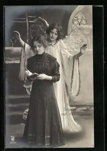 AK Konfirmation, Engel steht hinter Mädchen mit Bibel