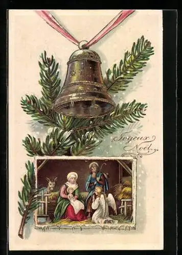 AK Fröhliche Weihnachten, Geburt des heiligen Kindes mit läutenden Glocken