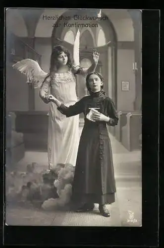 AK Herzlichen Glückwunsch zur Konfirmation, Mädchen mit Bibel und Engel an der Hand