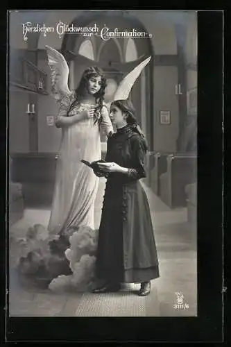 AK Junges Mädchen betet bei ihrer Konfirmation mit einem Engel