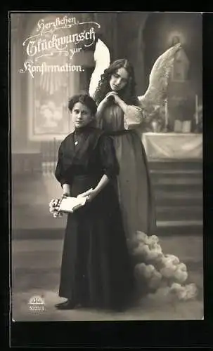 AK Konfirmation, Schutzengel steht hinter einer Konfirmandin