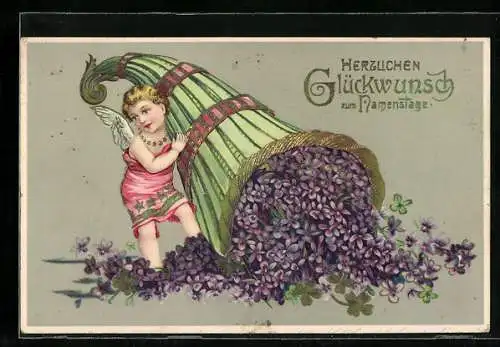 Präge-AK Engel verschüttet Veilchen zum Namenstag