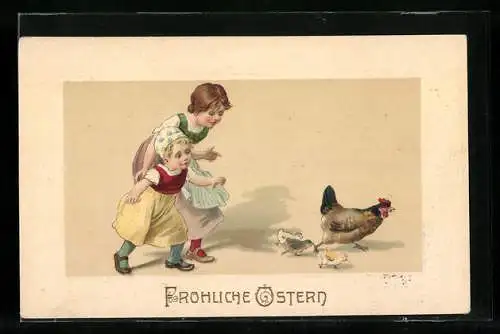 Präge-AK Mutter und Kind folgen einer Henne und ihren Küken zu Ostern