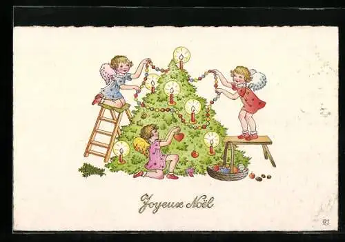 AK Kleine Weihnachtsengel schmücken gemeinsam einen Baum