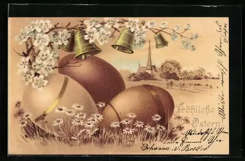 Lithographie Fröhliche Ostern, Ostereier, Glocken
