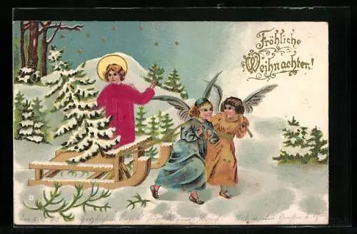 AK Weihnachtsengel ziehen das Christkind auf einem Schlitten
