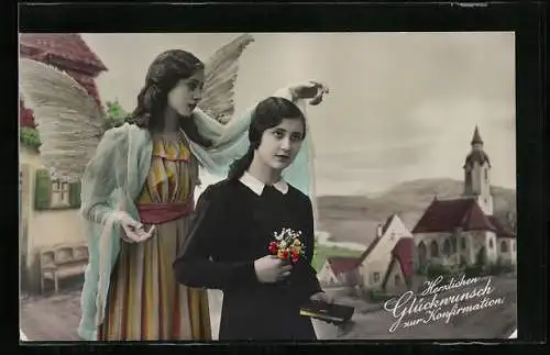 AK Mädchen wird bei der Konfirmation vom Engel gesegnet