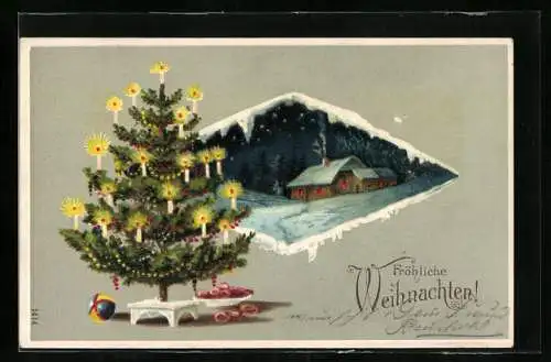 Präge-AK Leuchtender Weihnachtsbaum vor einer Hütte im Schnee