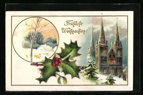 Präge-AK Kirche in schneebedeckter Landschaft, Weihnachten