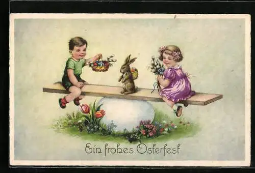 AK Osterhase mit Kindern auf einer Wippe