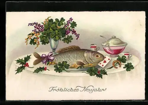 AK Kleeblätter, Fisch und ein Liebesbrief zu Neujahr