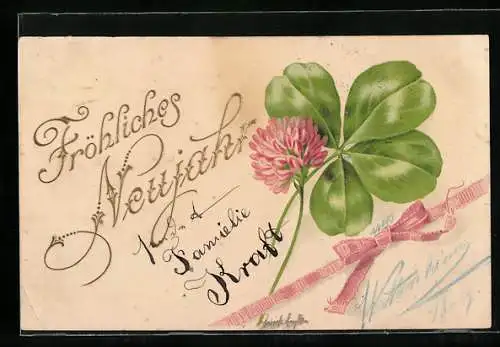 AK Grosses Kleeblatt mit pinker Schleife als Glücksbringer zum neuen Jahr