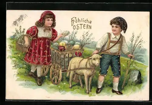 AK Lamm zieht Wagen mit bemalten Eiern, Mädchen & Knabe, Beldog husvéti ünnepeket!