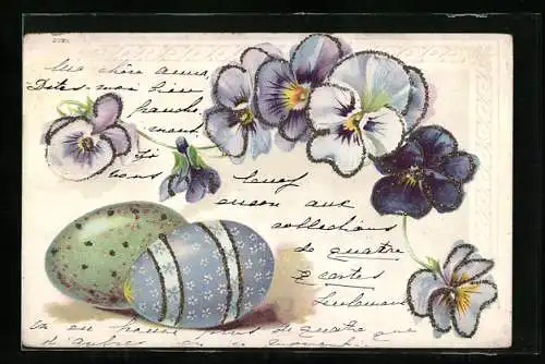 AK Bunte Ostereier und Veilchen