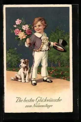 AK Junger Bursche schenkt Blumenstrauss zum Namenstag