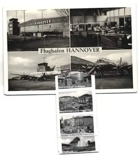 Leporello-AK Hannover, Flughafen Eingangsgebäude, Flugzeuge, Hauptbahnhof mit Ernst-August-Platz, Stadthalle