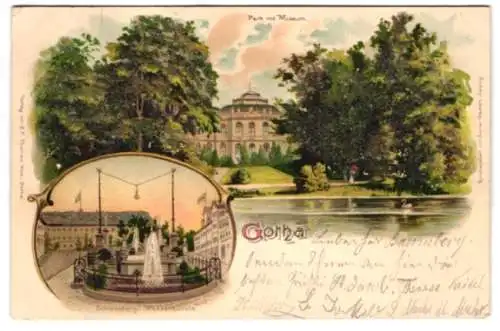 AK Gotha, Park mit Museum, durchsichtige Perlchen in den Bäumen, Schlossberg Wasserkünste