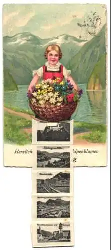 Leporello-AK Salzburg, Ansichten im Blumenkorb, Feste Hohensalzburg, Ortsansicht von Mülln aus, Staatsbrücke