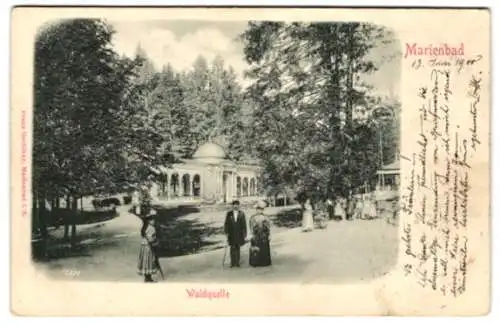 Relief-AK Marienbad, Besucher an der Waldquelle