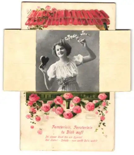Mechanische-AK Frau mit Herz und Blumen, Ansicht hinter den rosengeschmückten Fensterläden