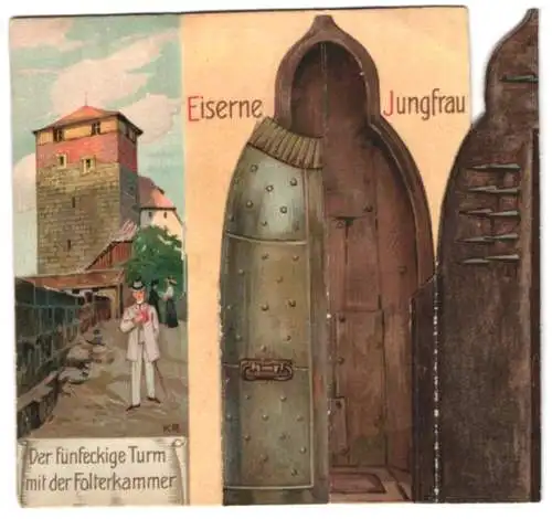 Klapp-AK Nürnberg, Eiserne Jungfrau, fünfeckiger Turm mit der Folterkammer