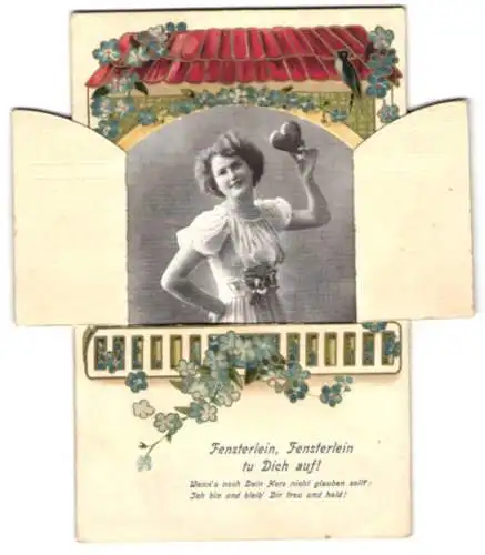 Mechanische-AK Frau mit einem Herz, Ansicht hinter den blumenverzierten Fensterläden