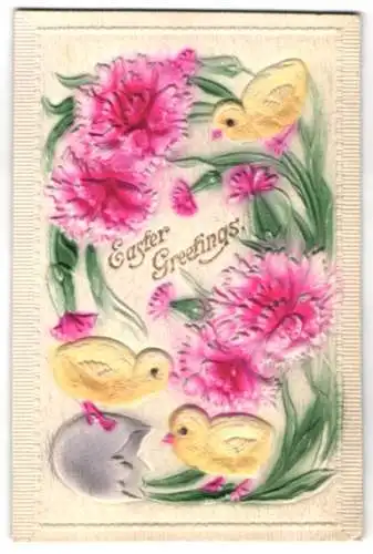 Präge-Airbrush-AK Ostergrusskarte mit Küken und Blumen
