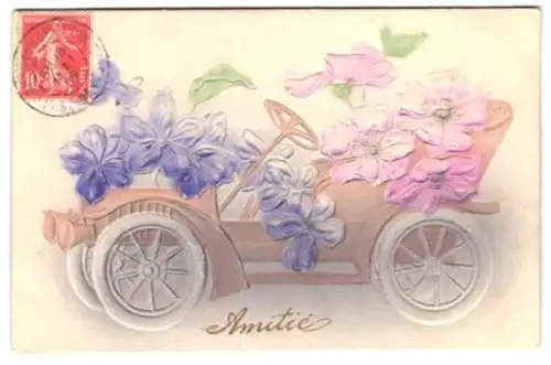 Präge-Airbrush-AK Automobil mit Blumen verziert