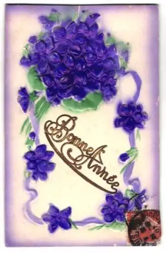 Präge-Airbrush-AK Neujahrskarte mit lila-farbenen Blumen
