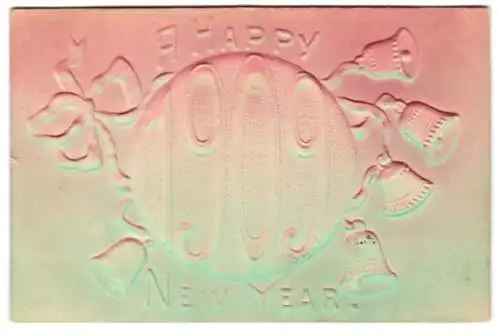 Präge-Airbrush-AK Neujahrskarte 1909 mit Glöckchen verziert