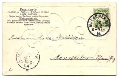 Präge-Airbrush-AK Neujahrskarte 1905, mit Kleeblättern, Champagner, Geldmünzen, Herzen und einem Baby