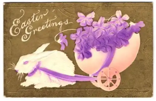 Präge-Airbrush-AK Ostergrusskarte mit einem Hasen, der ein Ei auf Rädern zieht