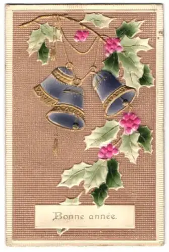 Präge-Airbrush-AK Neujahrskarte mit einem Stechpalm-Zweig und Glocken