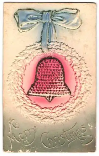 Präge-Airbrush-AK Weihnachtskarte mit einer roten Glocke im Stechpalm-Kranz