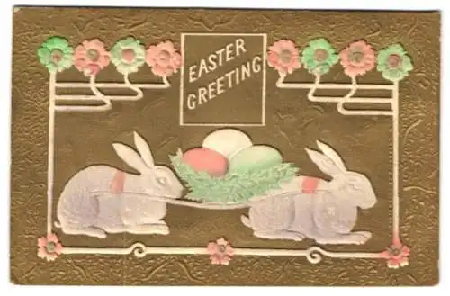 Präge-Airbrush-AK Ostergrusskarte mit zwei Hasen, die Eier tragen