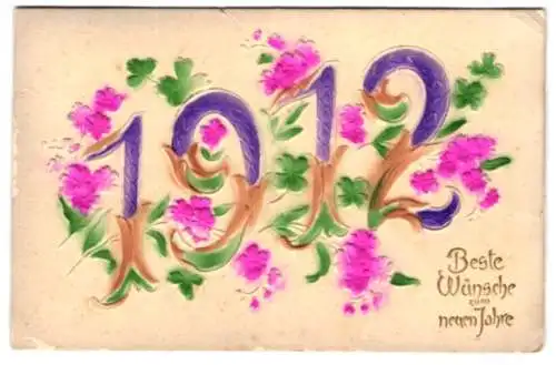 Präge-Airbrush-AK Neujahrskarte 1912 mit Blumenornamenten