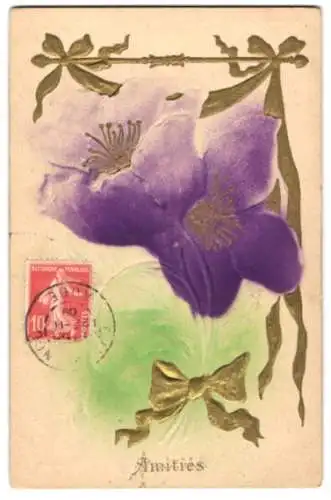Präge-Airbrush-AK Freundschaftskarte mit goldenen Schleifen und einer lila-farbenen Blüte