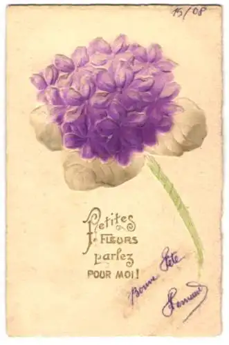 Präge-Airbrush-AK Freundschaftskarte mit lila-farbener Blume, Petites Fleurs parlez pour moi!